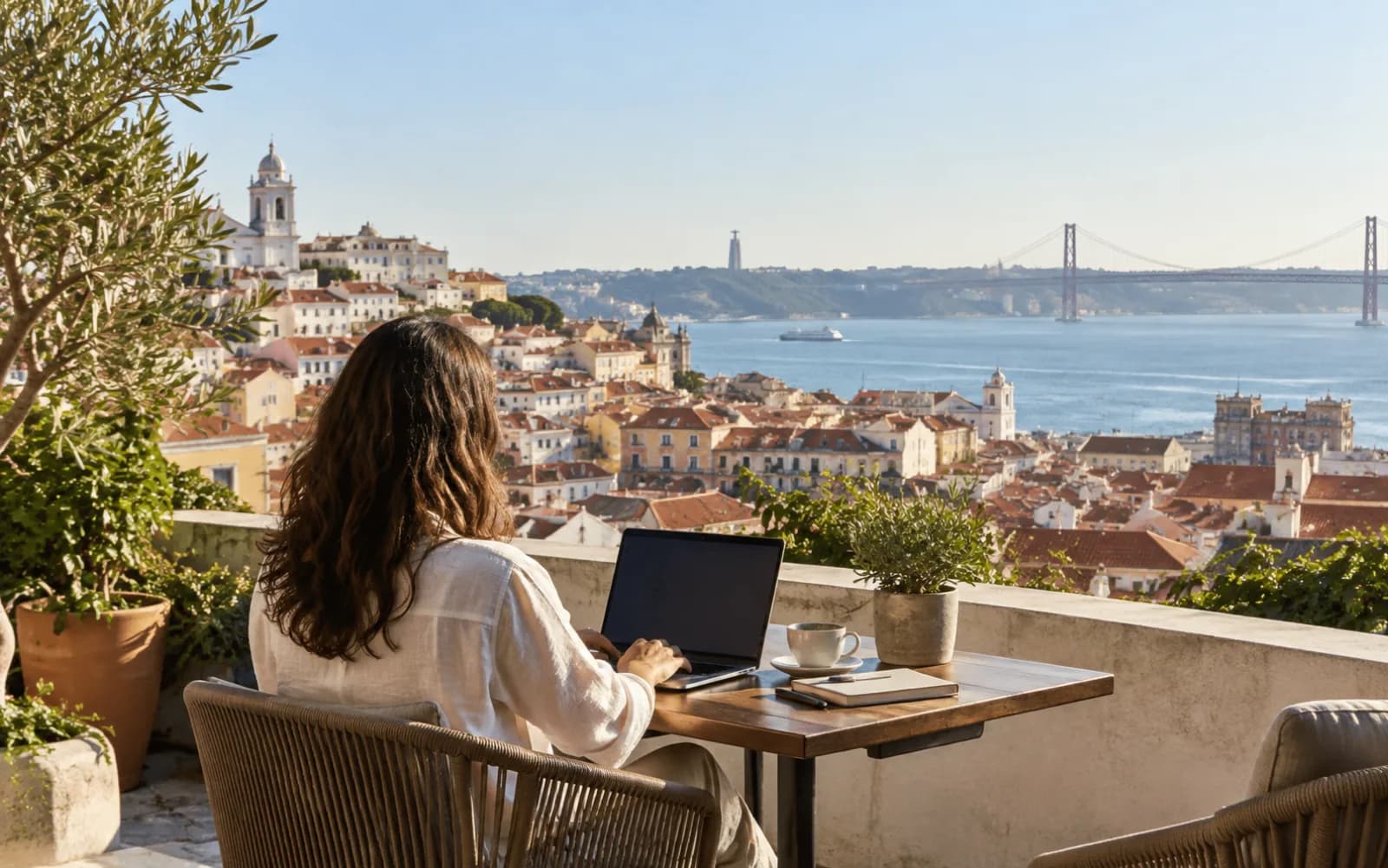 Remote professional working from a terrace overlooking Lisbon