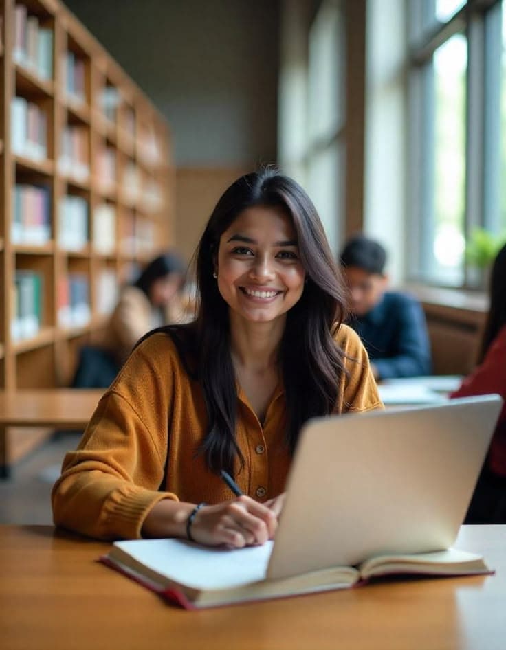 International student studying with a laptop in a university library