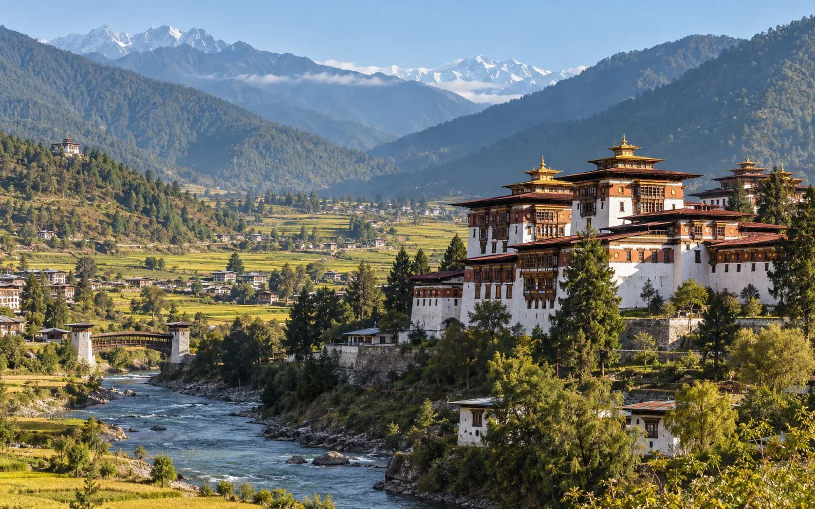 Bhutanese dzong architecture in a green Himalayan valley near Paro