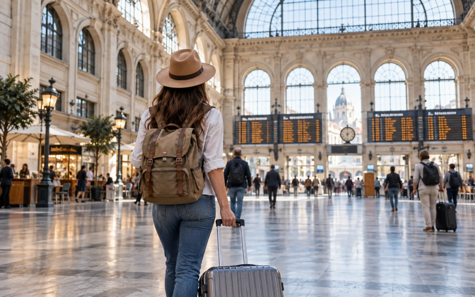 Traveller arriving at a European railway station for a long stay