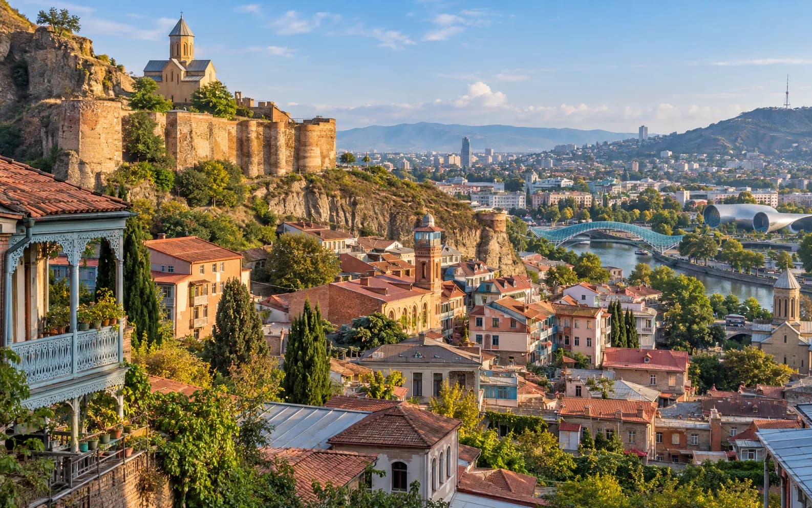 Panoramic view across Tbilisi old town, Narikala hillside and the Georgian capital