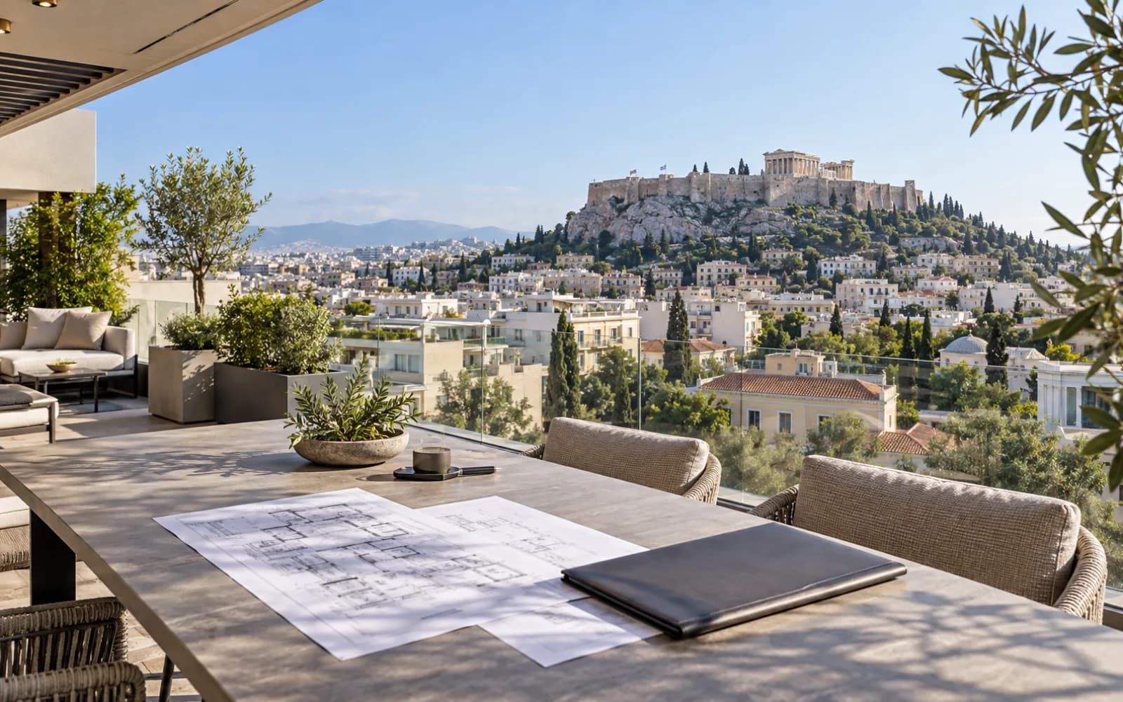 Athens residence terrace overlooking the Acropolis