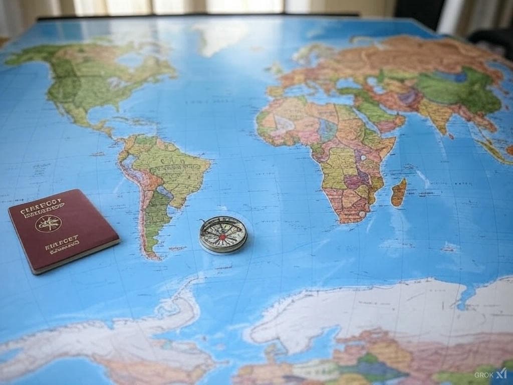 Travel map, compass and planning materials
