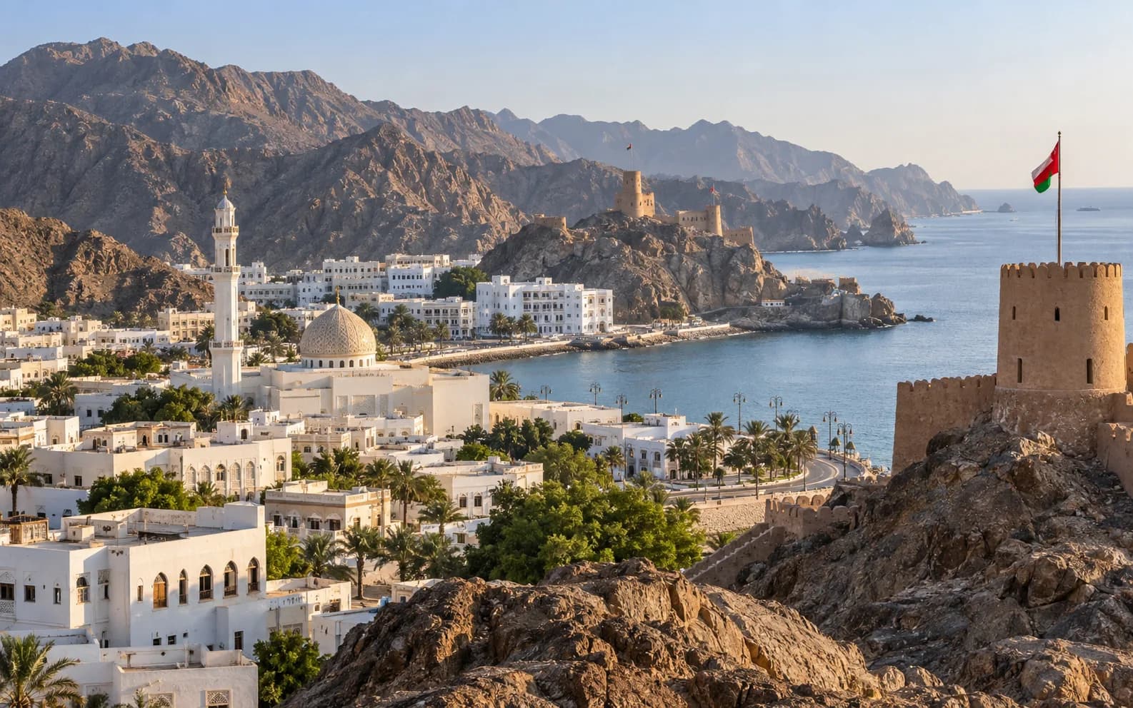 Muscat’s white architecture, coastal forts and rugged mountains beside the Gulf of Oman