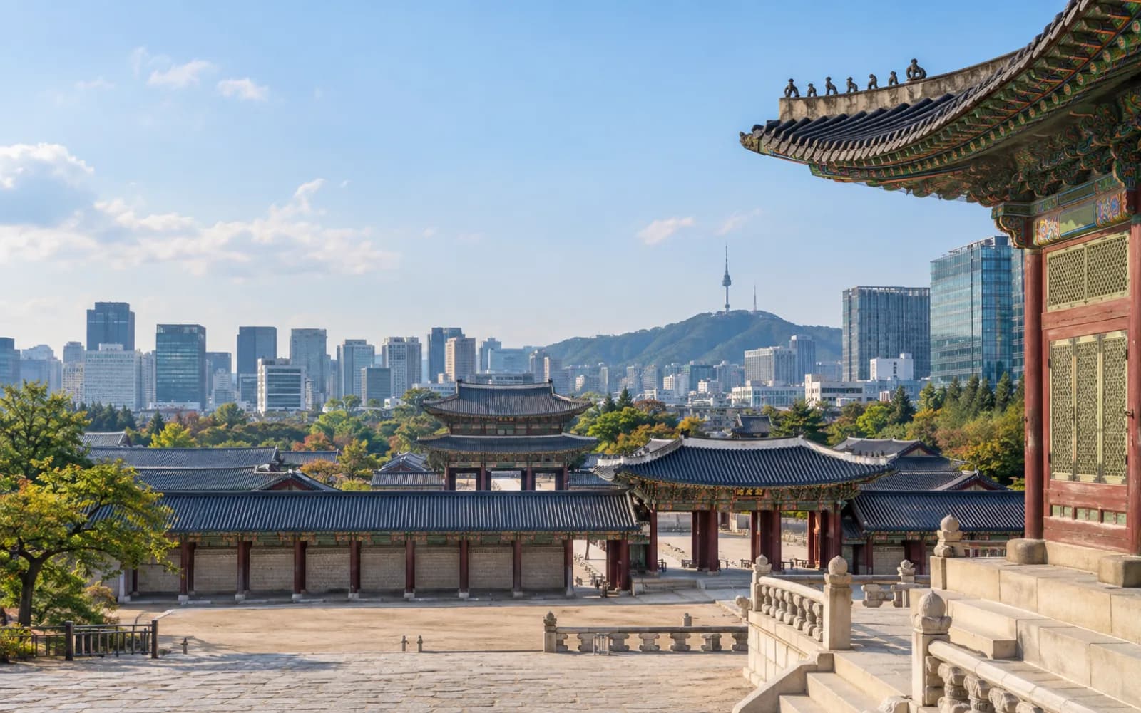 Gyeongbokgung Palace and the Seoul skyline in South Korea