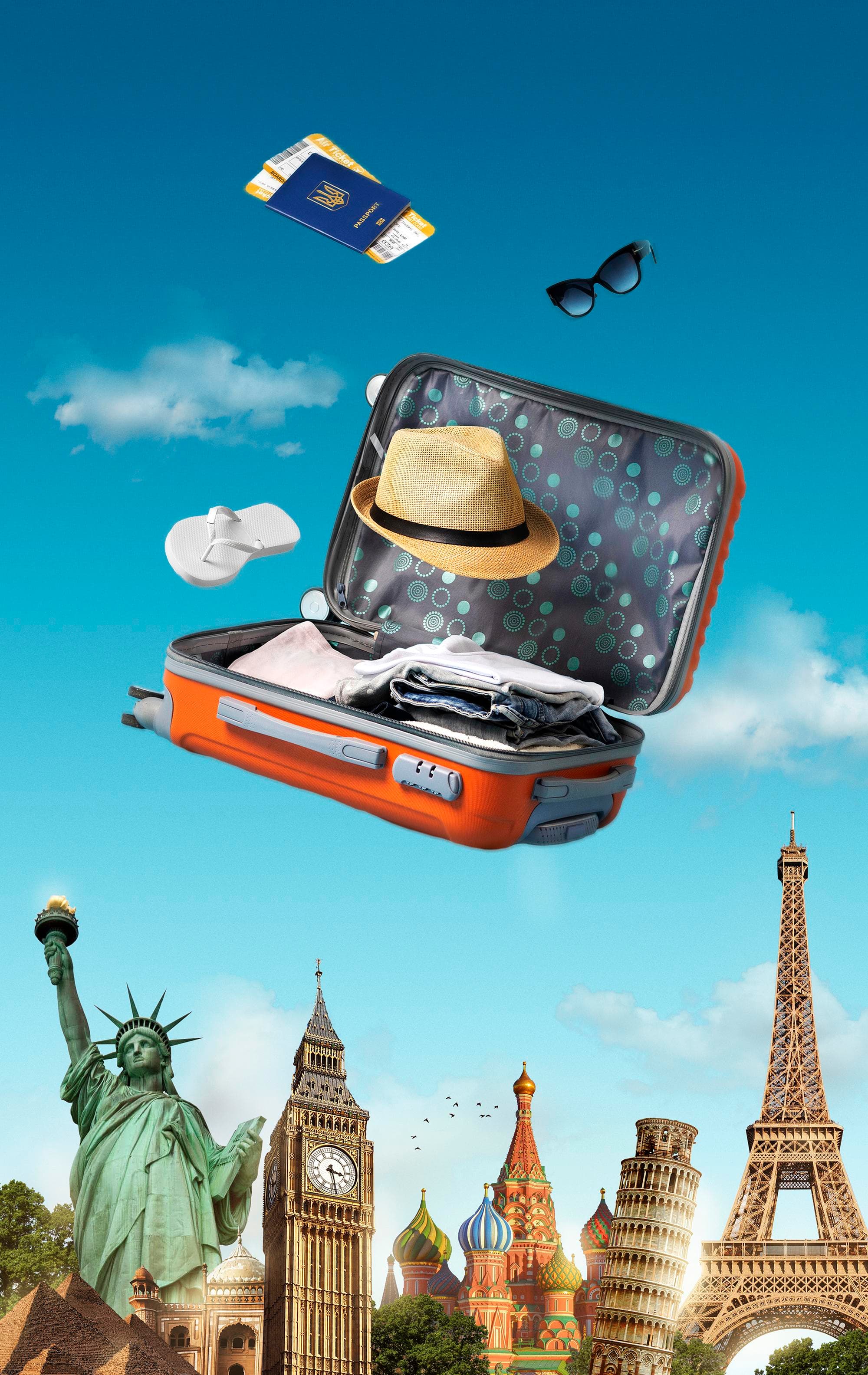 Traveller with luggage overlooking a destination landscape
